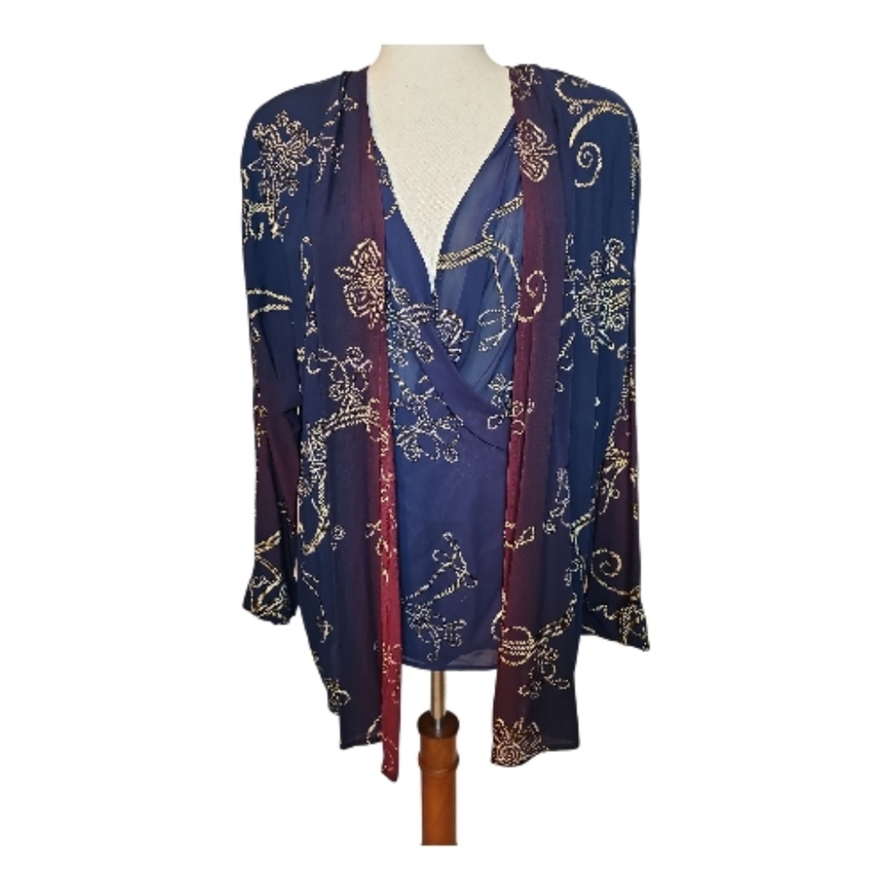 NWT 90s Carole Little Boho Rayon Wrap Top Floral Scroll Navy Wine Ombré Size 6